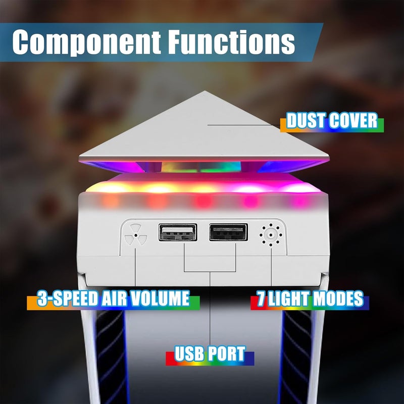 Raryars Console Cooling Fan with Dust Cover Colorful LED Light for PS5 Console Disc Edition & Digital Edition Silent Absorb Fan Cooler with 2 USB Port PlayStation 5 Cooling System - Image 5